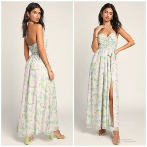 Lulus Large Effortlessly Abloom Green Multi Floral Ruched Halter Maxi Dress